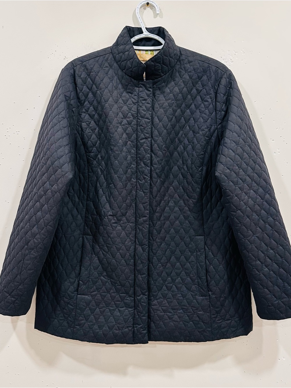 Kate Hill Casual Black Quilted Diamond Jacket Coat Women's Size L Striped Lining